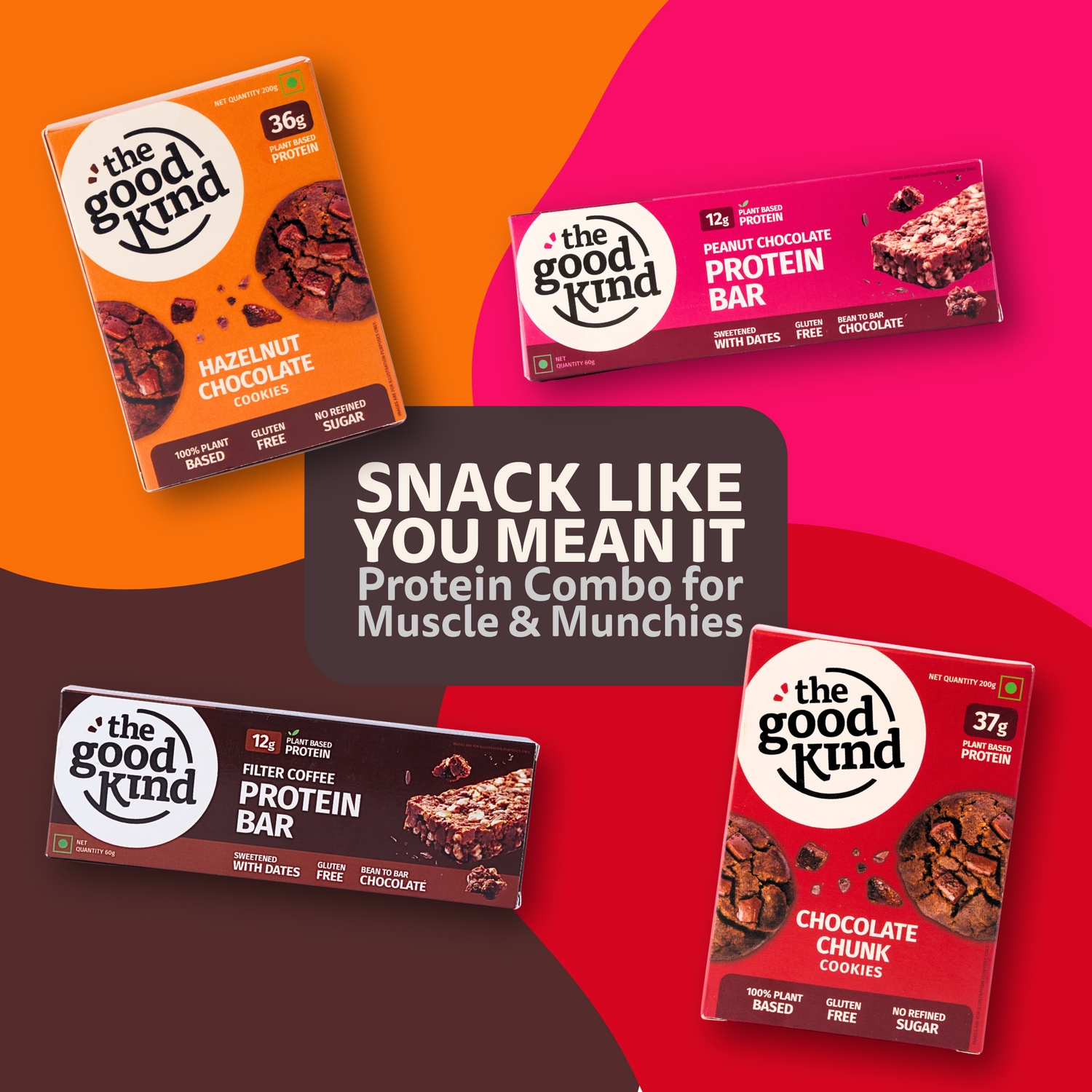 The Good Kind Snack Attack Protein Combo pack with Hazelnut Chocolate Cookies, Chocolate Chunk Cookies, Filter Coffee Protein Bar & Peanut Chocolate Protein Bar.