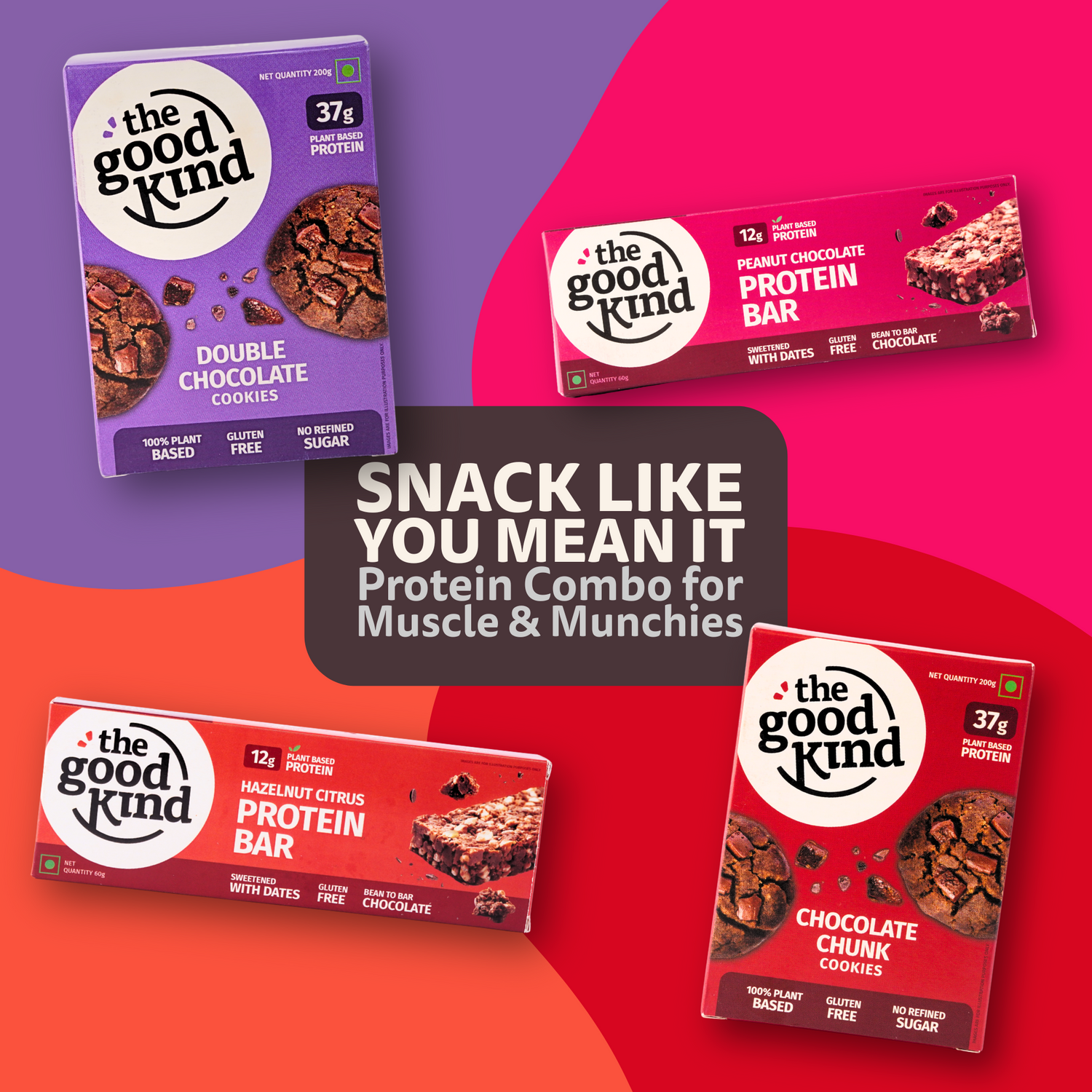 The Good Kind Crave Crusher Protein Combo pack with Double Chocolate Cookies, Chocolate Chunk Cookies, Peanut Chocolate Protein Bar & Hazelnut Citrus Protein Bar.