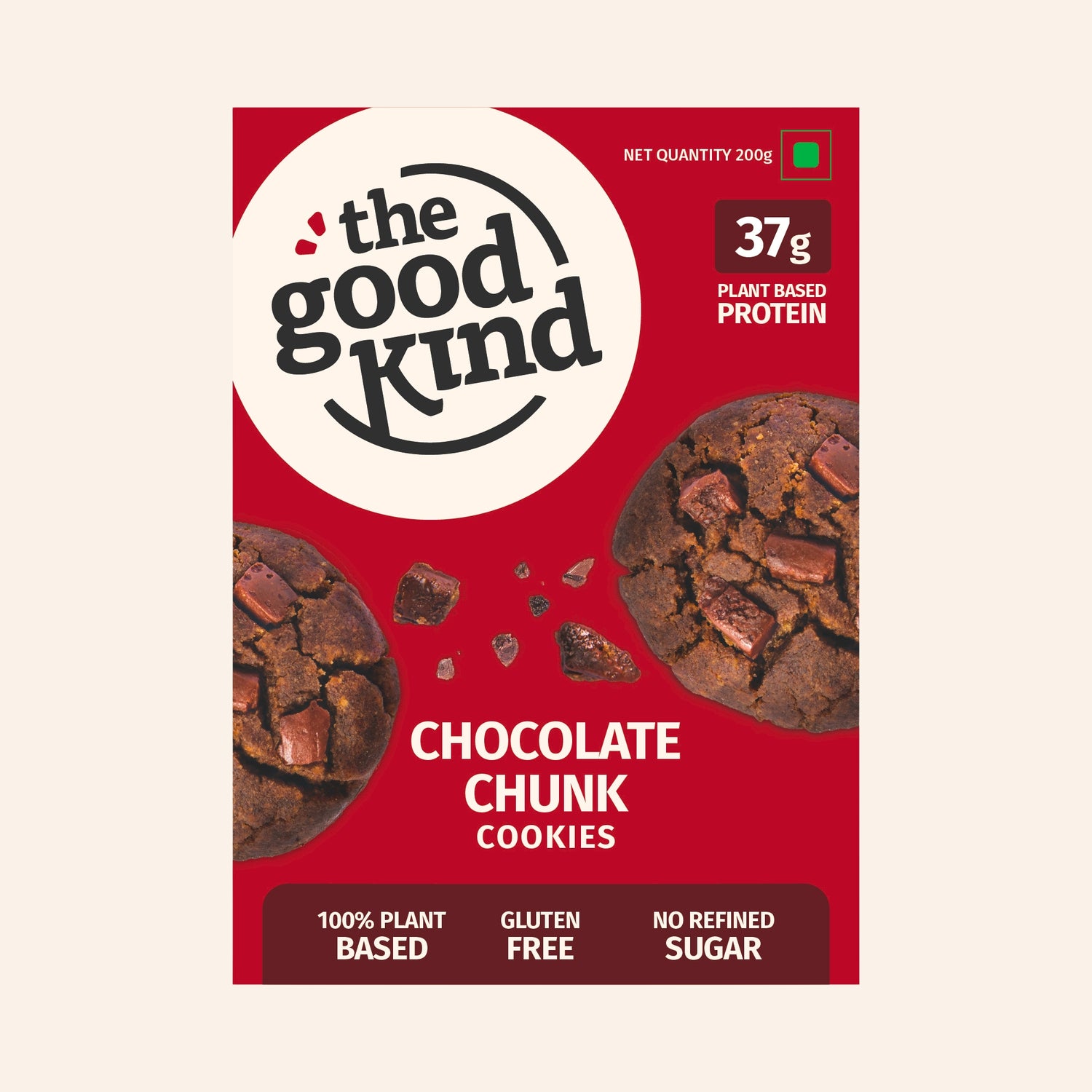 The Good Kind Chocolate Chunk Cookies box with rich dark chocolate chunks, 37g plant protein, gluten-free, no refined sugar.
