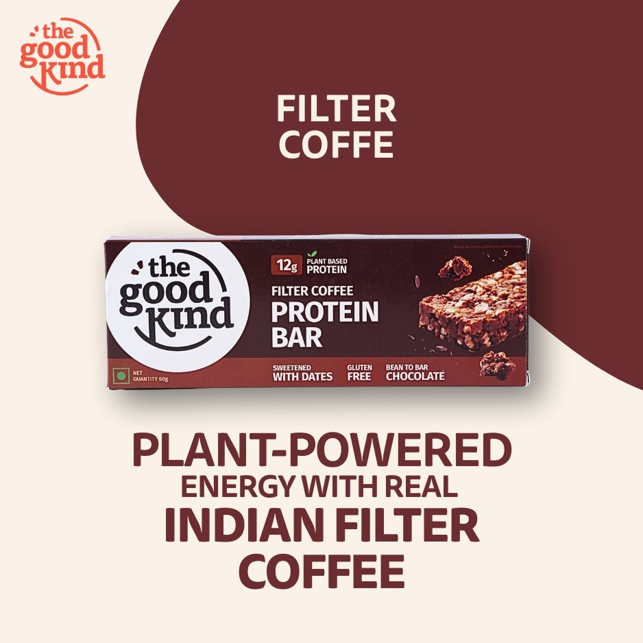 The Good Kind Filter Coffee Protein Bar with dark chocolate, almond butter, oats, seeds & nuts.