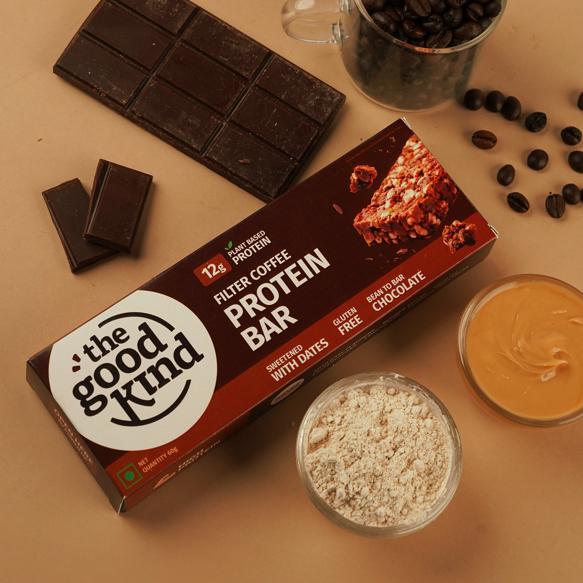 The Good Kind Filter Coffee Protein Bar with dark chocolate, almond butter, oats, seeds & nuts.