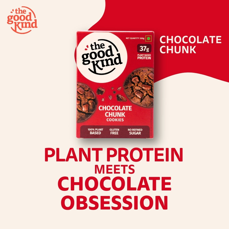 The Good Kind Chocolate Chunk Cookies box with rich dark chocolate chunks, 37g plant protein, gluten-free, no refined sugar.
