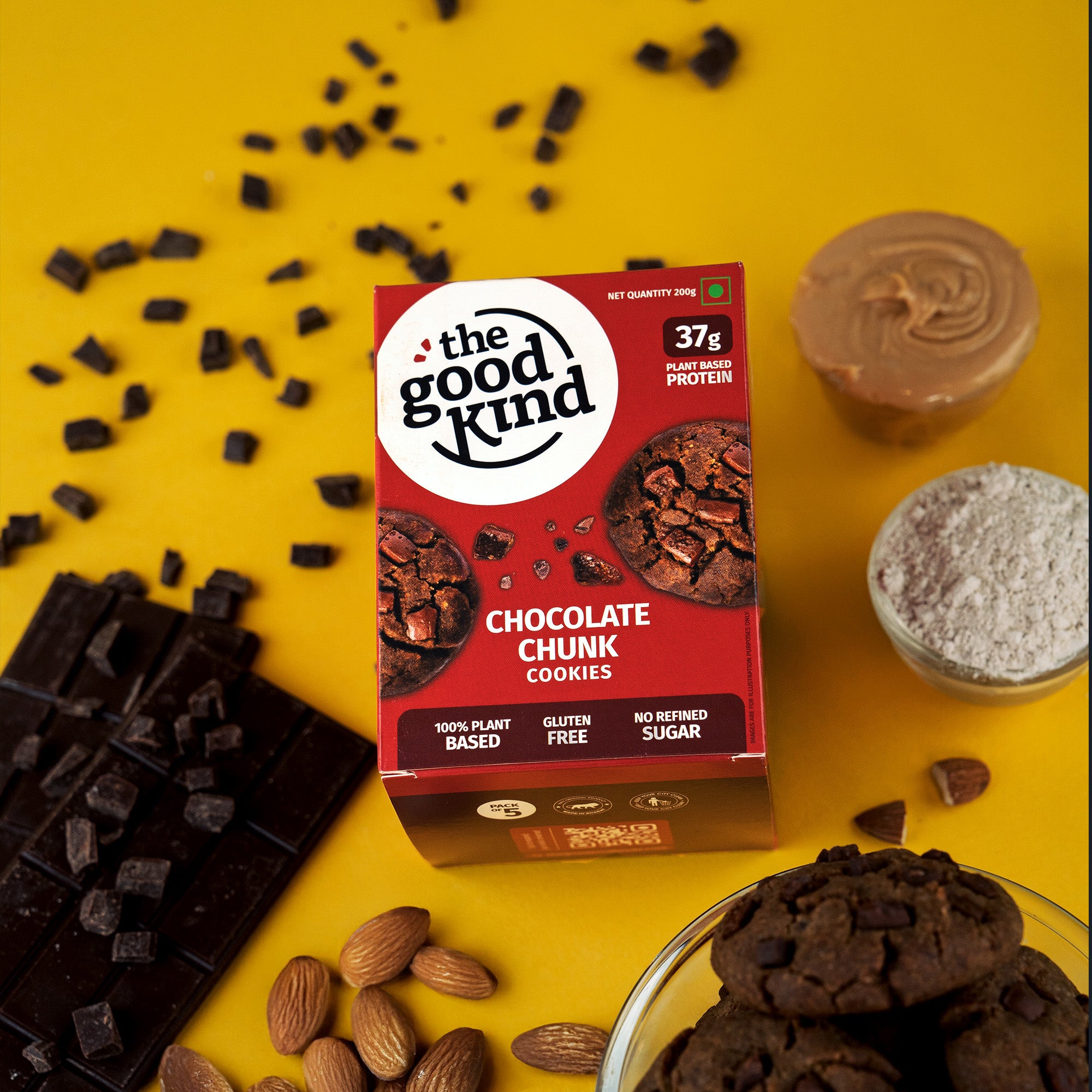 The Good Kind Chocolate Chunk Cookies box with rich dark chocolate chunks, 37g plant protein, gluten-free, no refined sugar.