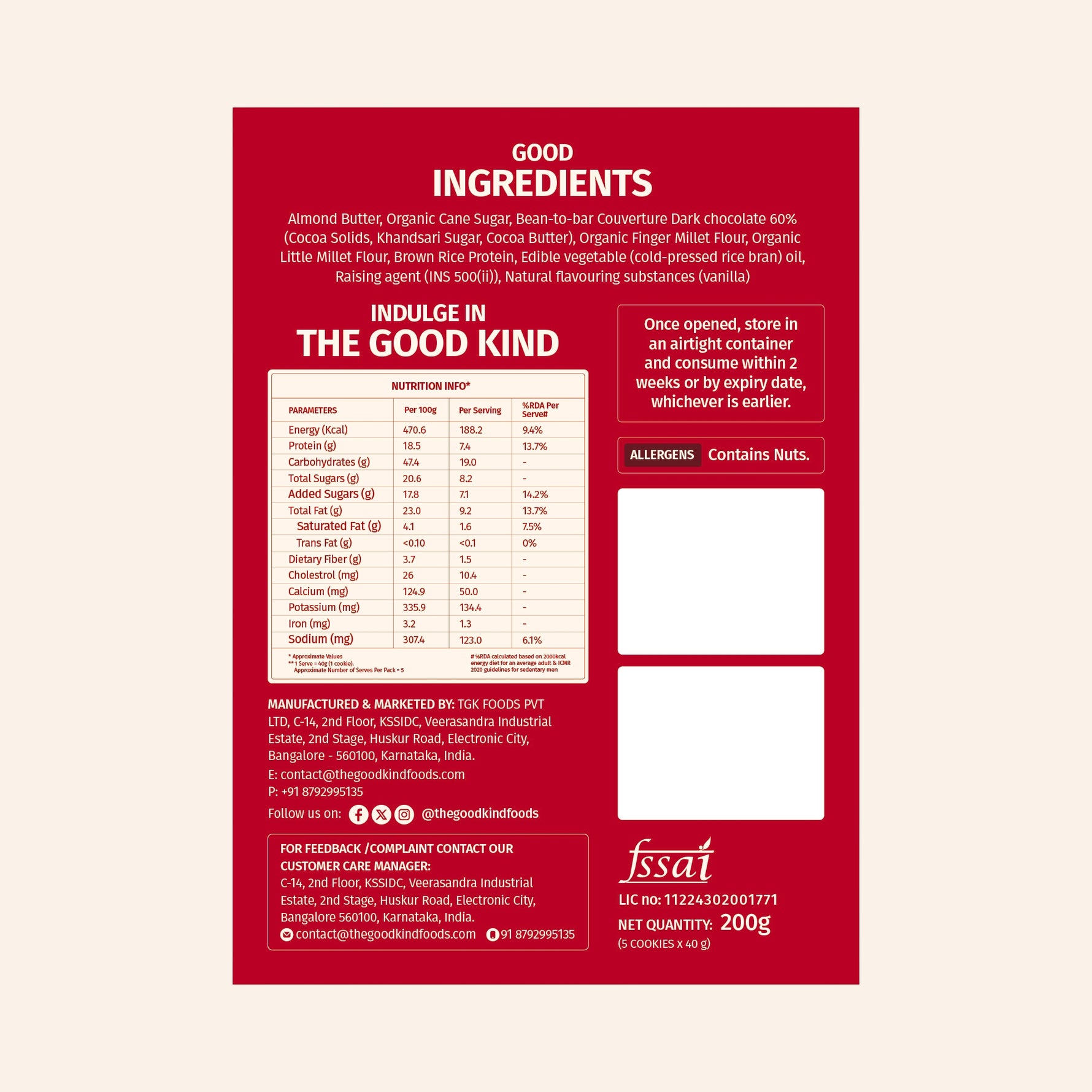 The Good Kind Chocolate Chunk Cookies box with rich dark chocolate chunks, 37g plant protein, gluten-free, no refined sugar.