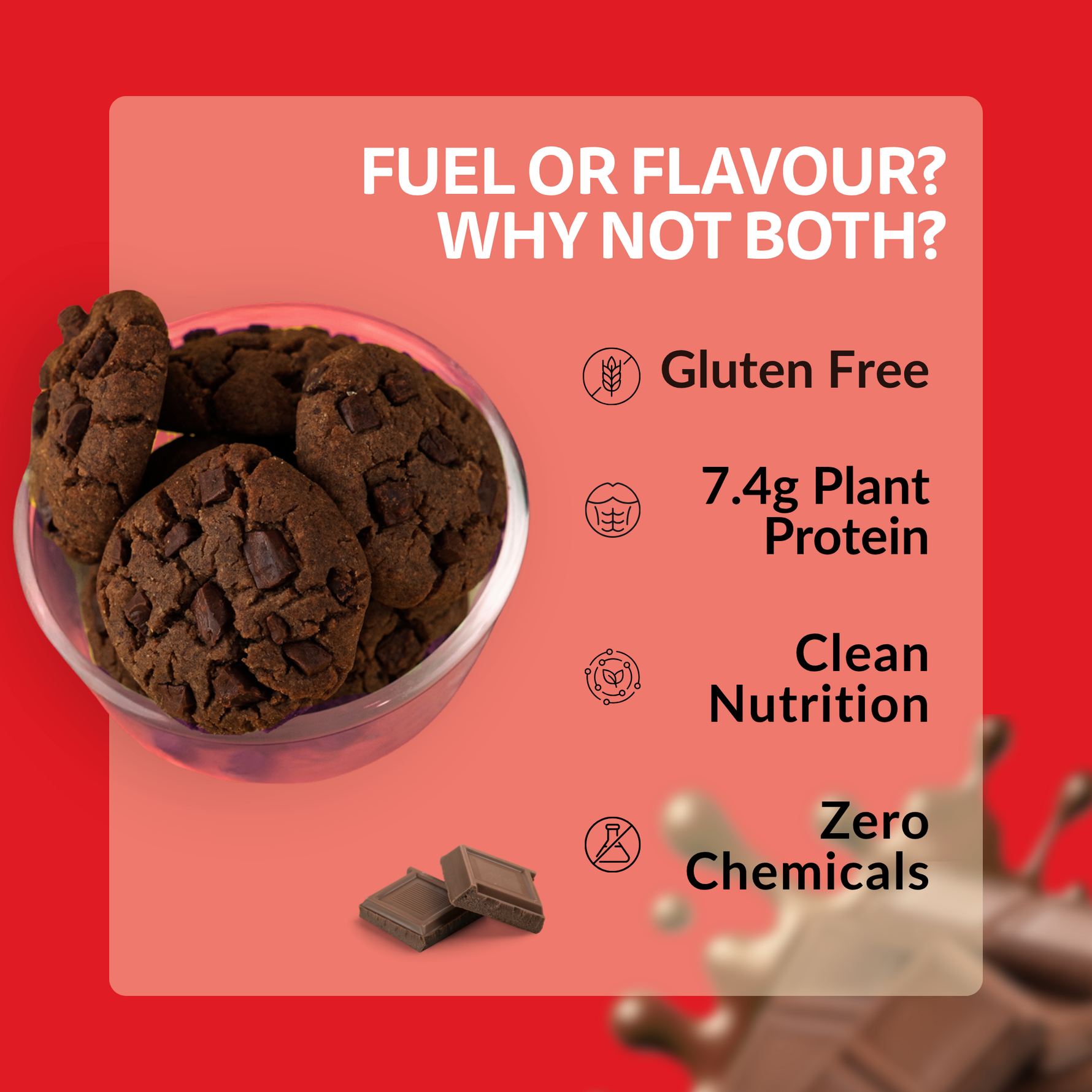 The Good Kind Chocolate Chunk Cookies box with rich dark chocolate chunks, 37g plant protein, gluten-free, no refined sugar.