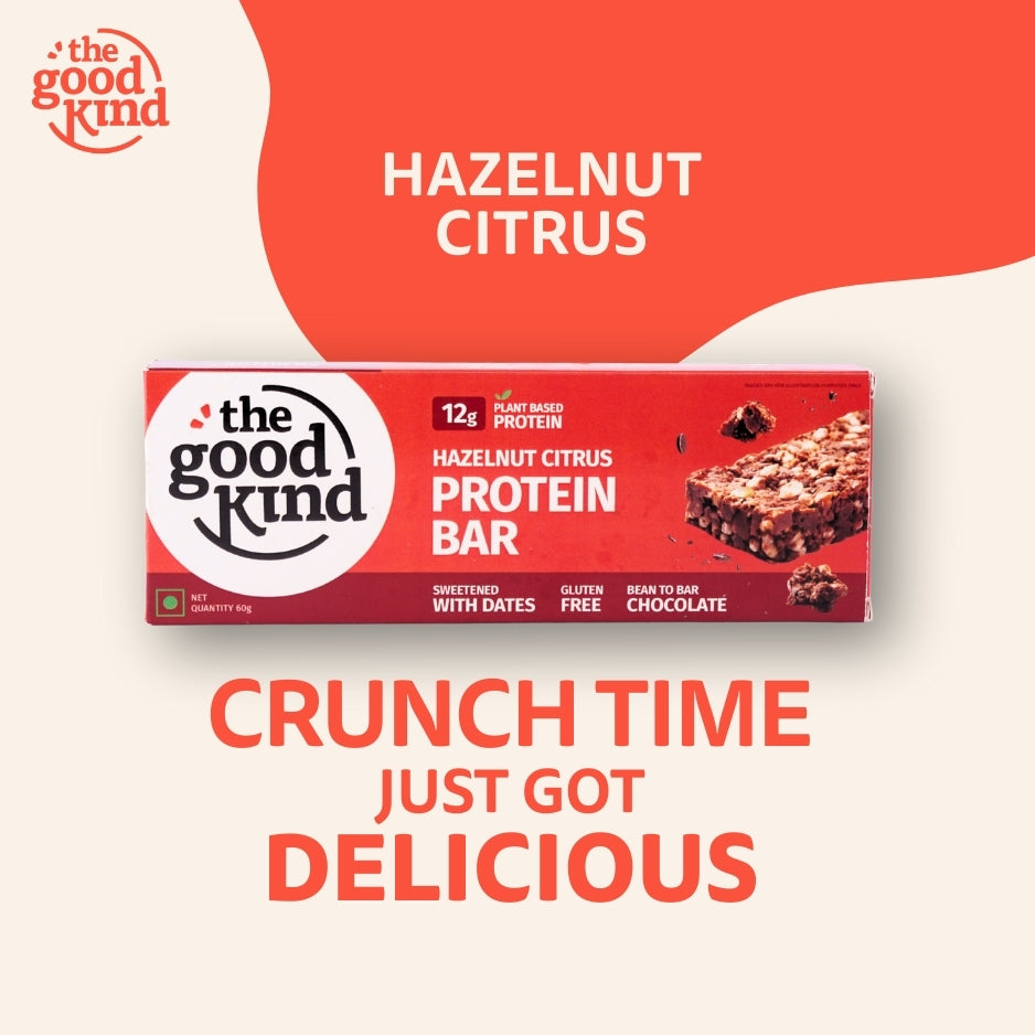 Hazelnut Citrus Protein Bar with crunchy hazelnuts and rich chocolate pieces