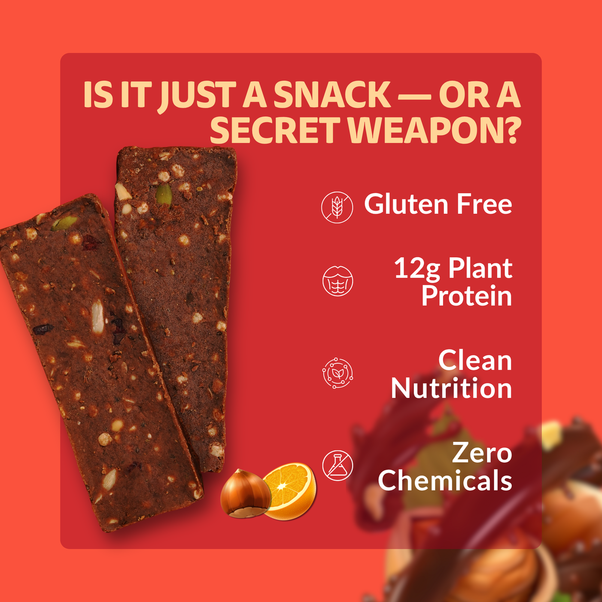 Hazelnut Citrus Protein Bar with crunchy hazelnuts and rich chocolate pieces