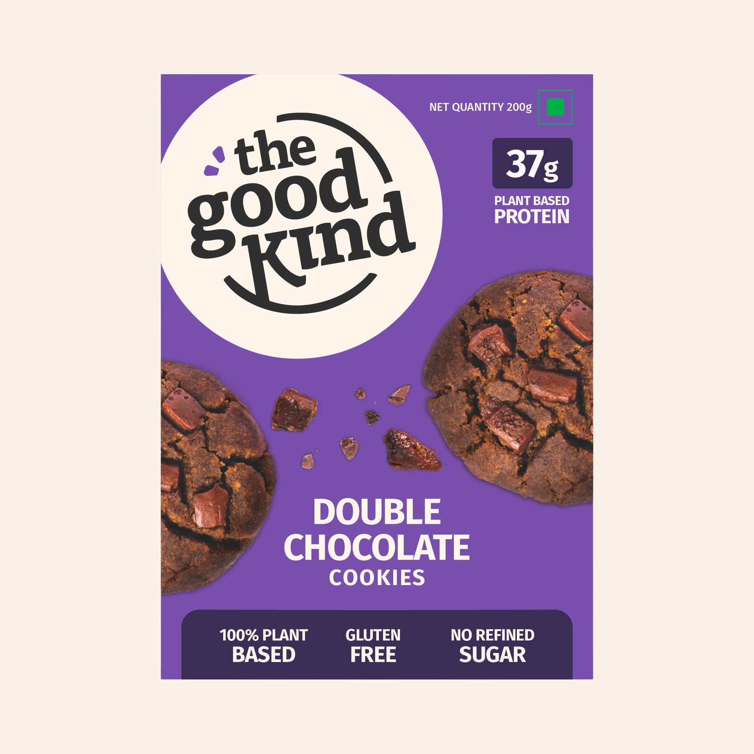 Box of The Good Kind Double Chocolate Cookies with rich dark cocoa base and chunky chocolate pieces